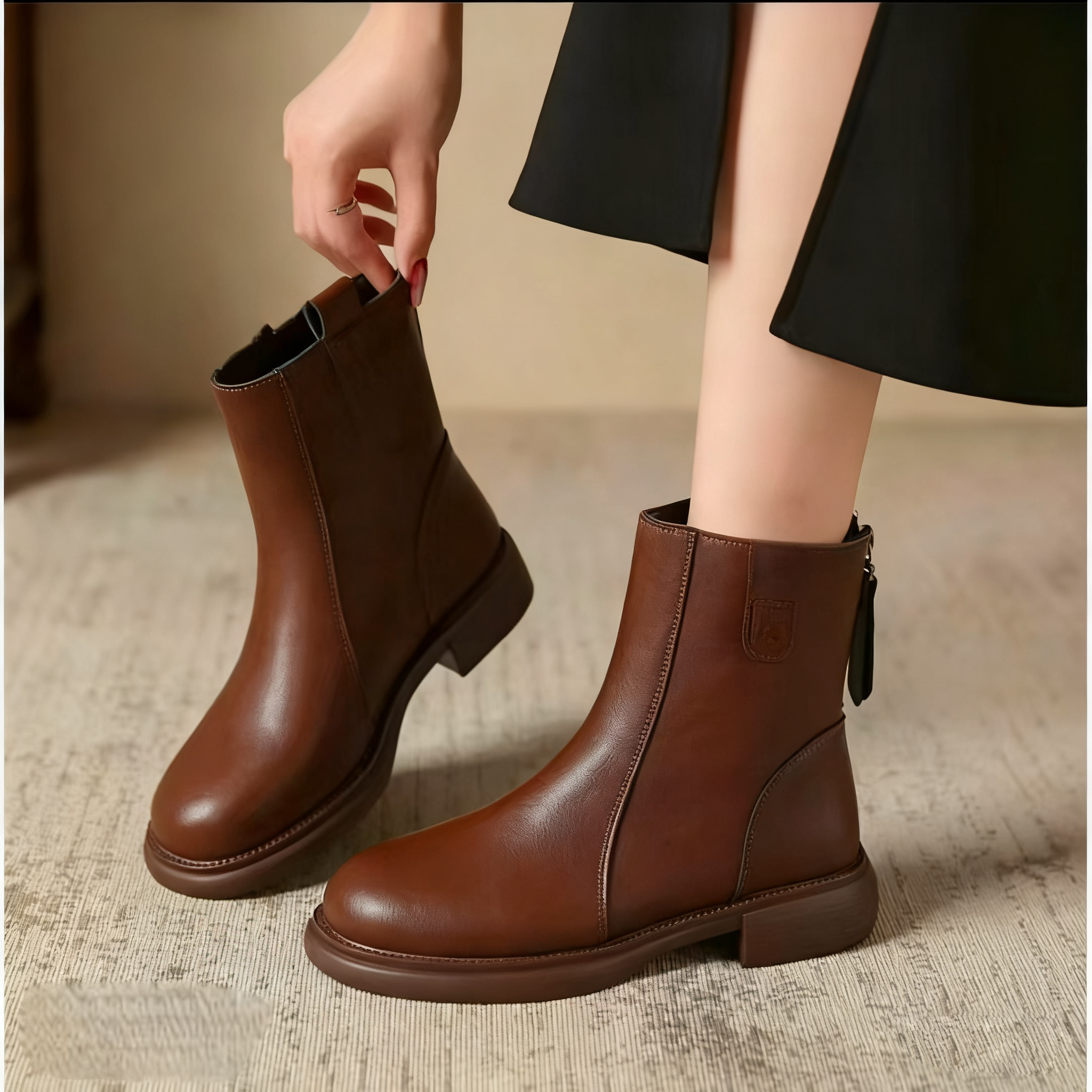 (品牌撤柜＋运费险)黄复古加绒真软皮中跟时尚百搭英伦风秋冬女靴