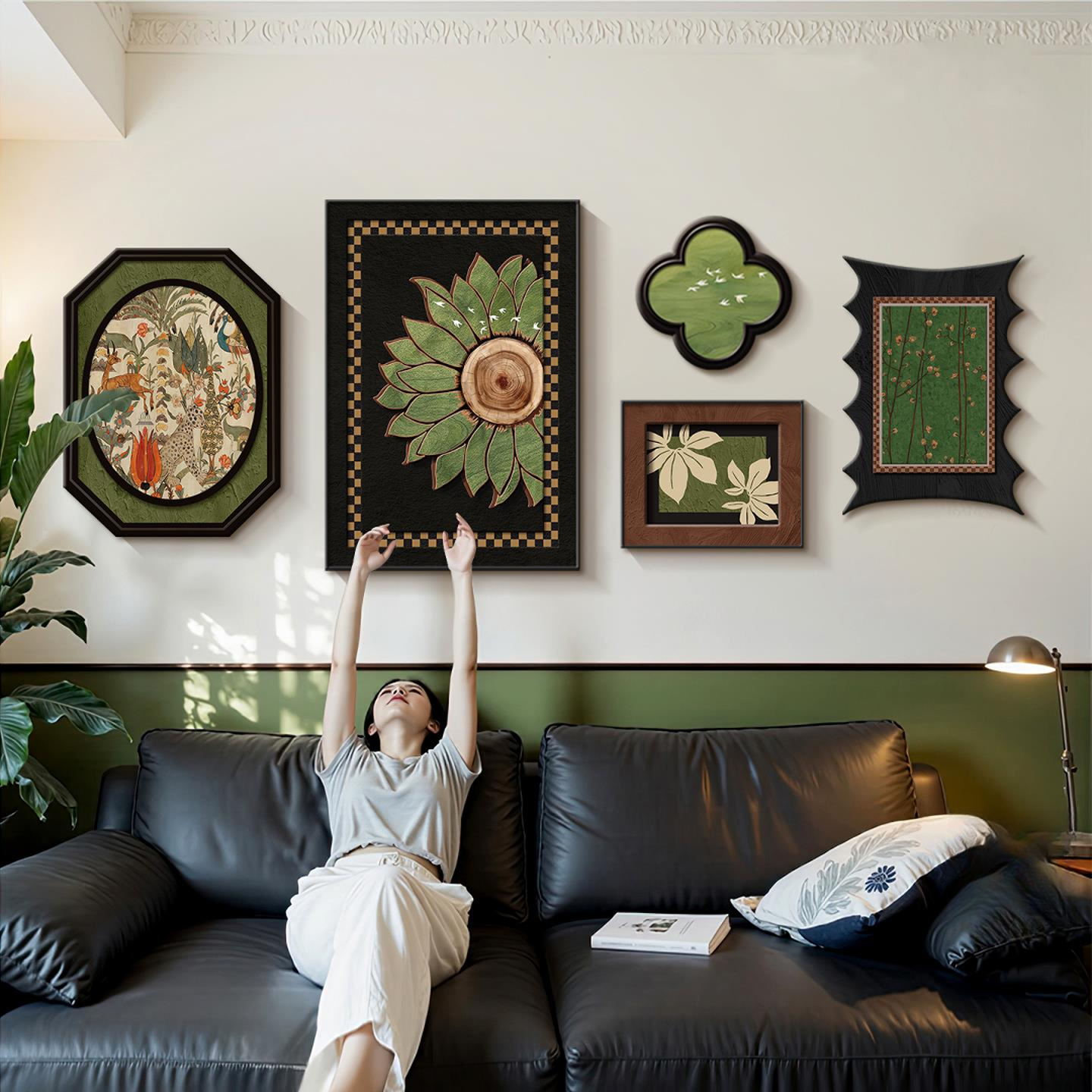 法式中古风客厅装饰画向日葵沙发背景墙挂画绿色复古艺术组合壁画