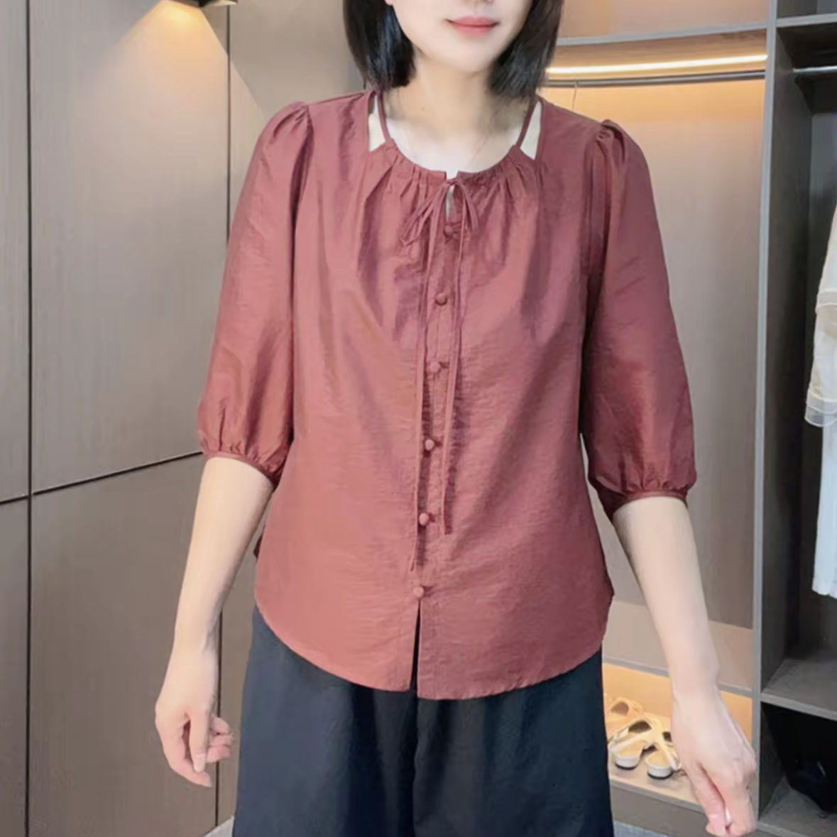 夏季韩版纯色简约圆领衬衫大码宽松七分袖时尚休闲百搭减龄小衫