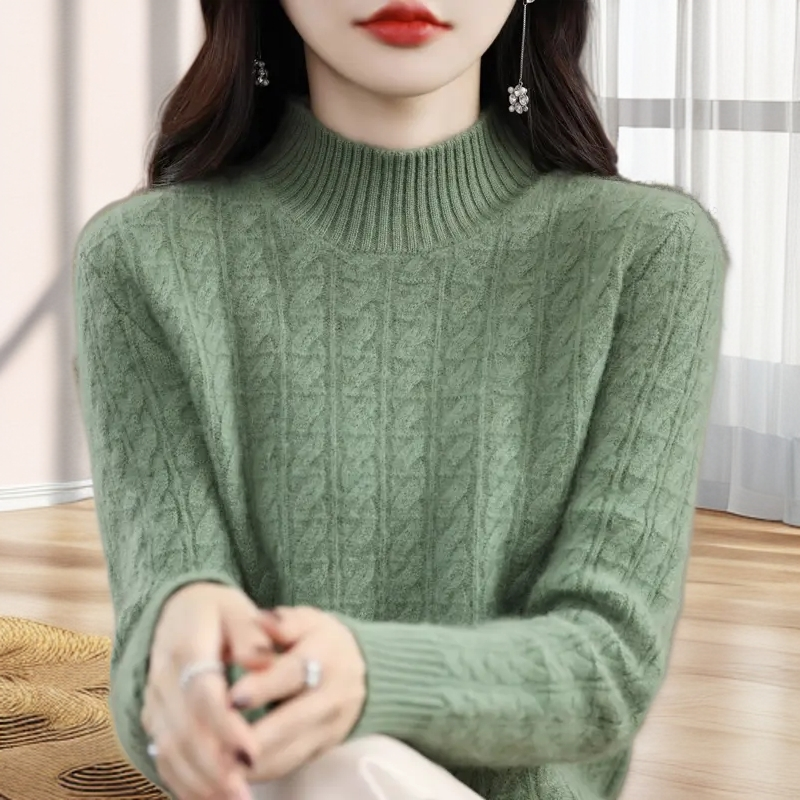 品牌羊绒衫女半高领冬季宽松显瘦菱形绞花加厚毛衣宽松针织打底衫