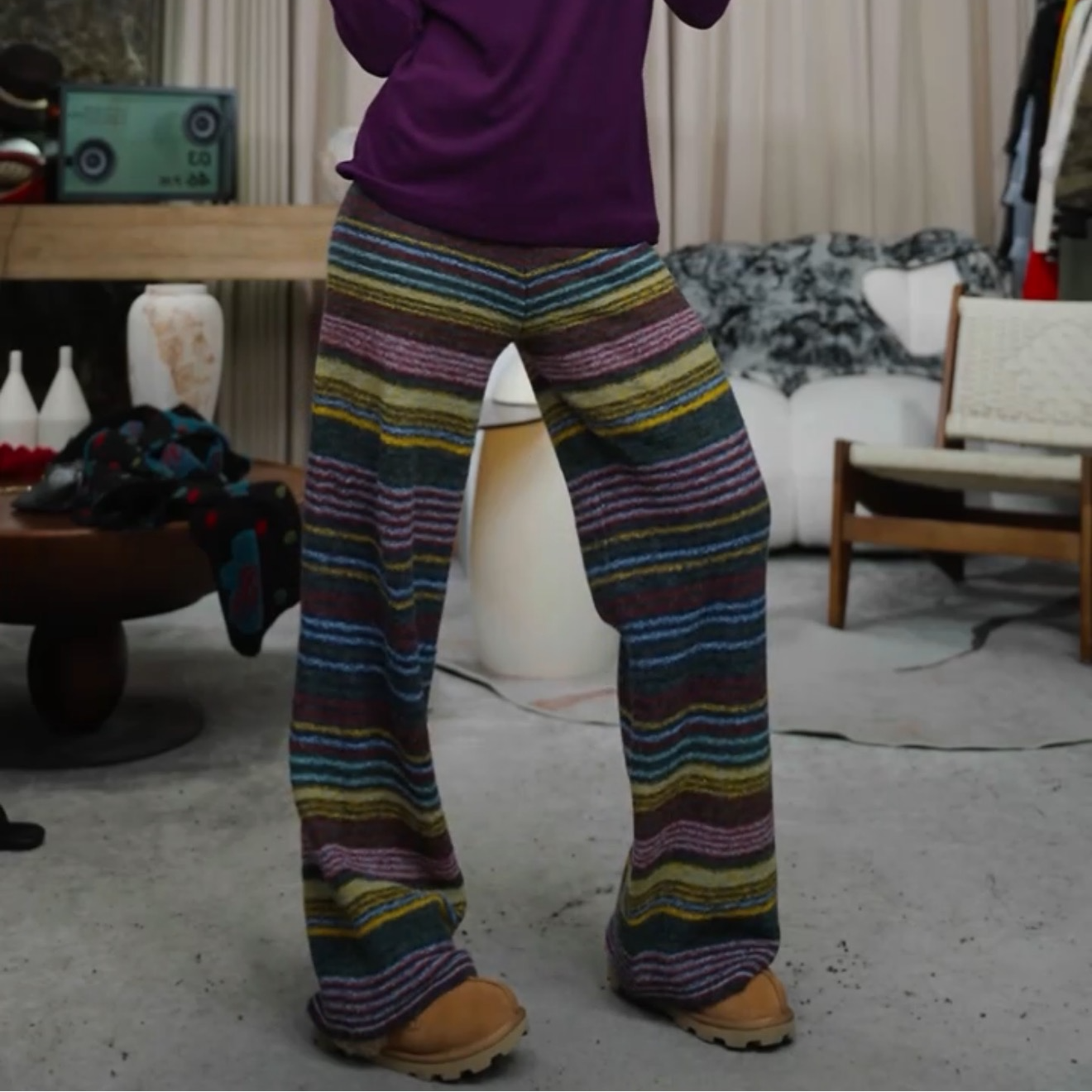 infobyfive2025秋冬新款条纹彩虹针织绒裤长裤壹NF0510633