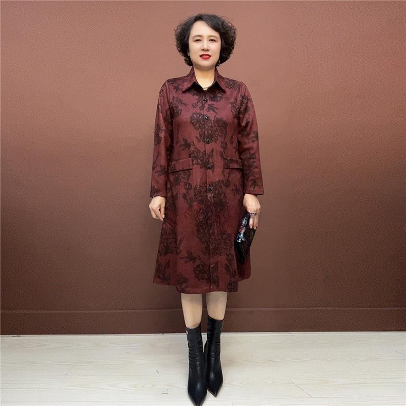 50100秋外套新款妈妈花色带中长款显瘦翻领中老年长款鹿皮绒大衣