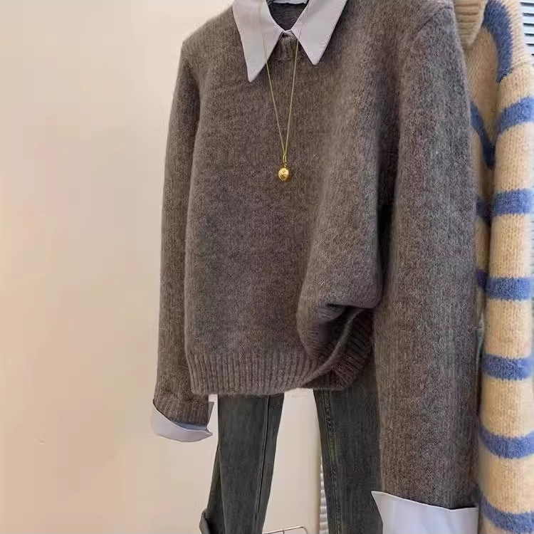 假两件衬衫领毛衣女秋装内搭慵懒风撞色翻领灰色针织衫上衣外套