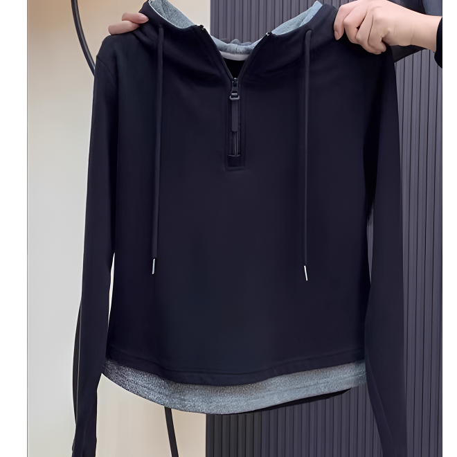 半拉链连帽假两件卫衣女2025新款秋季显瘦休闲风百搭长袖上衣