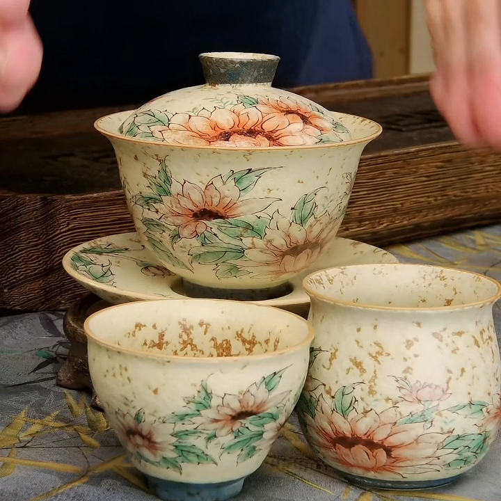 亘古茶具向日葵三才盖碗带两杯组合泡茶品茗个人分茶碗杯主人杯