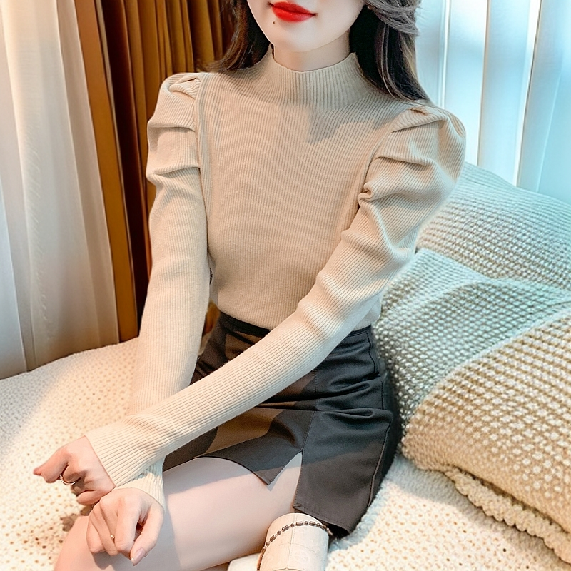 品牌BRANG半高领毛衣女针织衫打底衫泡泡袖春秋百搭洋气长袖上衣