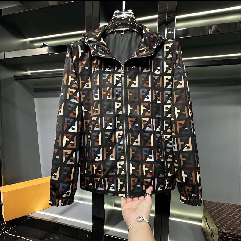 肯梅灵列秋季新款高级感连帽夹克男士爆款轻奢印花上衣防风外套