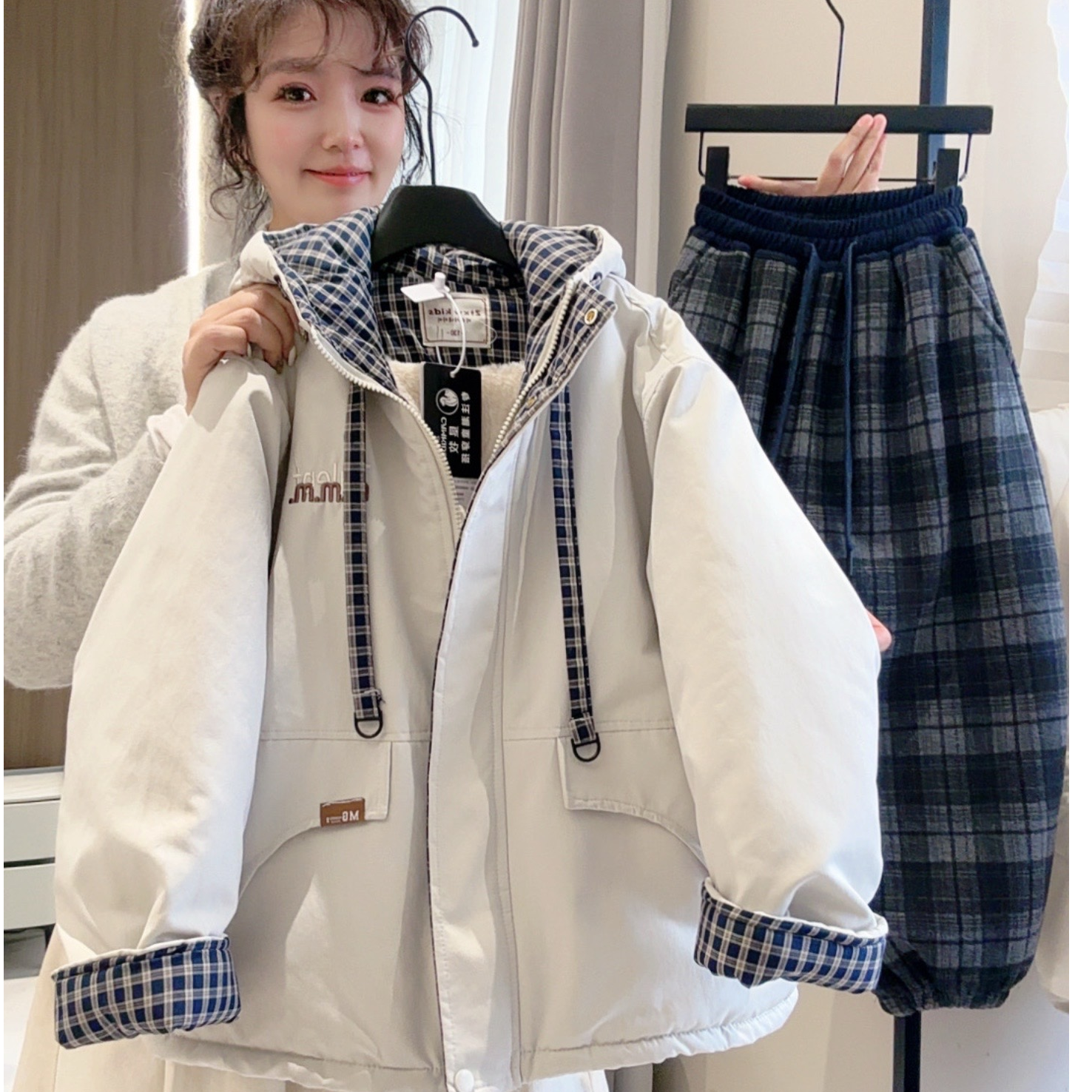 【现货48H】男女中大童冬季格子棉衣新款冬装宽松棉服保暖外套395