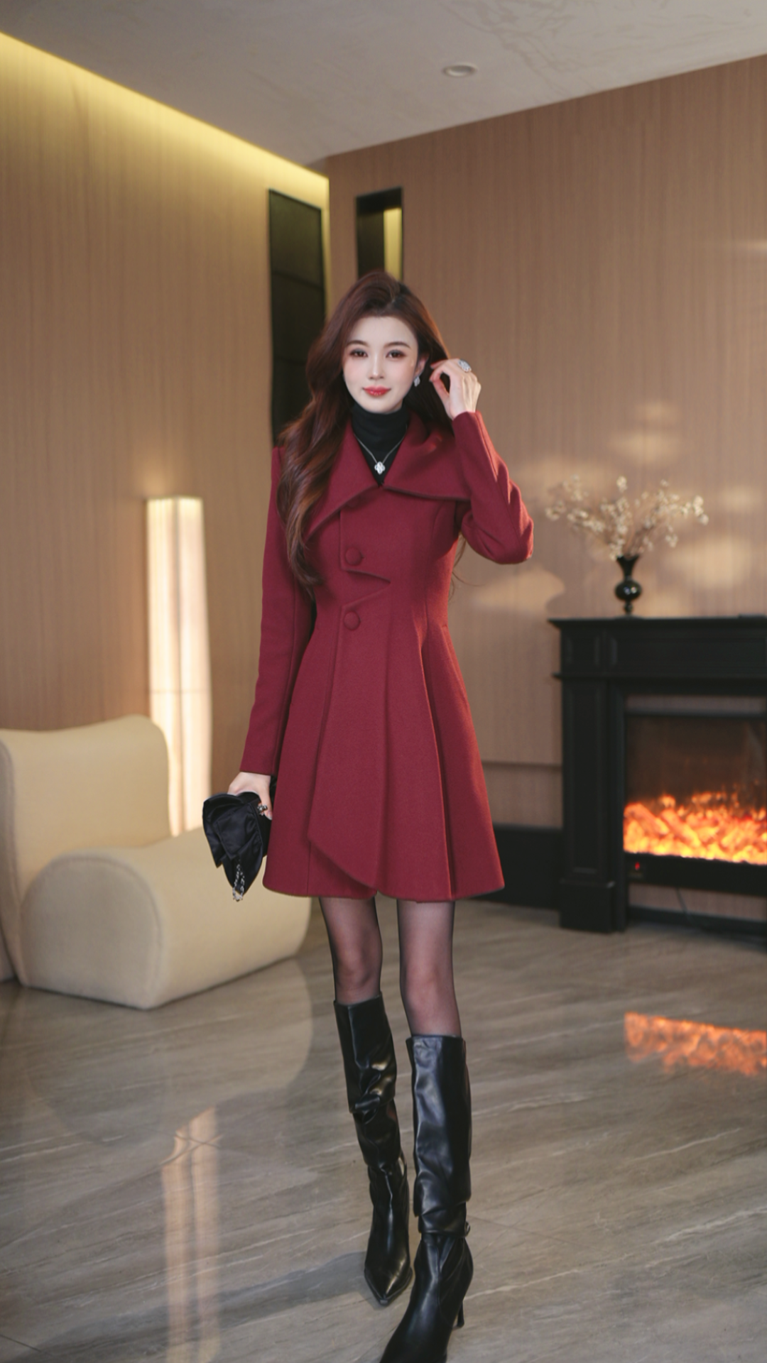 罗曼定制 原创设计红色显瘦时尚收腰大衣气质连衣裙女冬新款外套