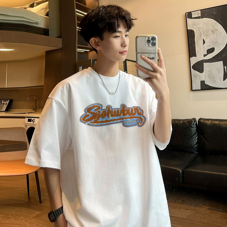 国潮牌设计感刺绣白色纯棉短袖T恤男夏季休闲百搭重磅圆领上衣女