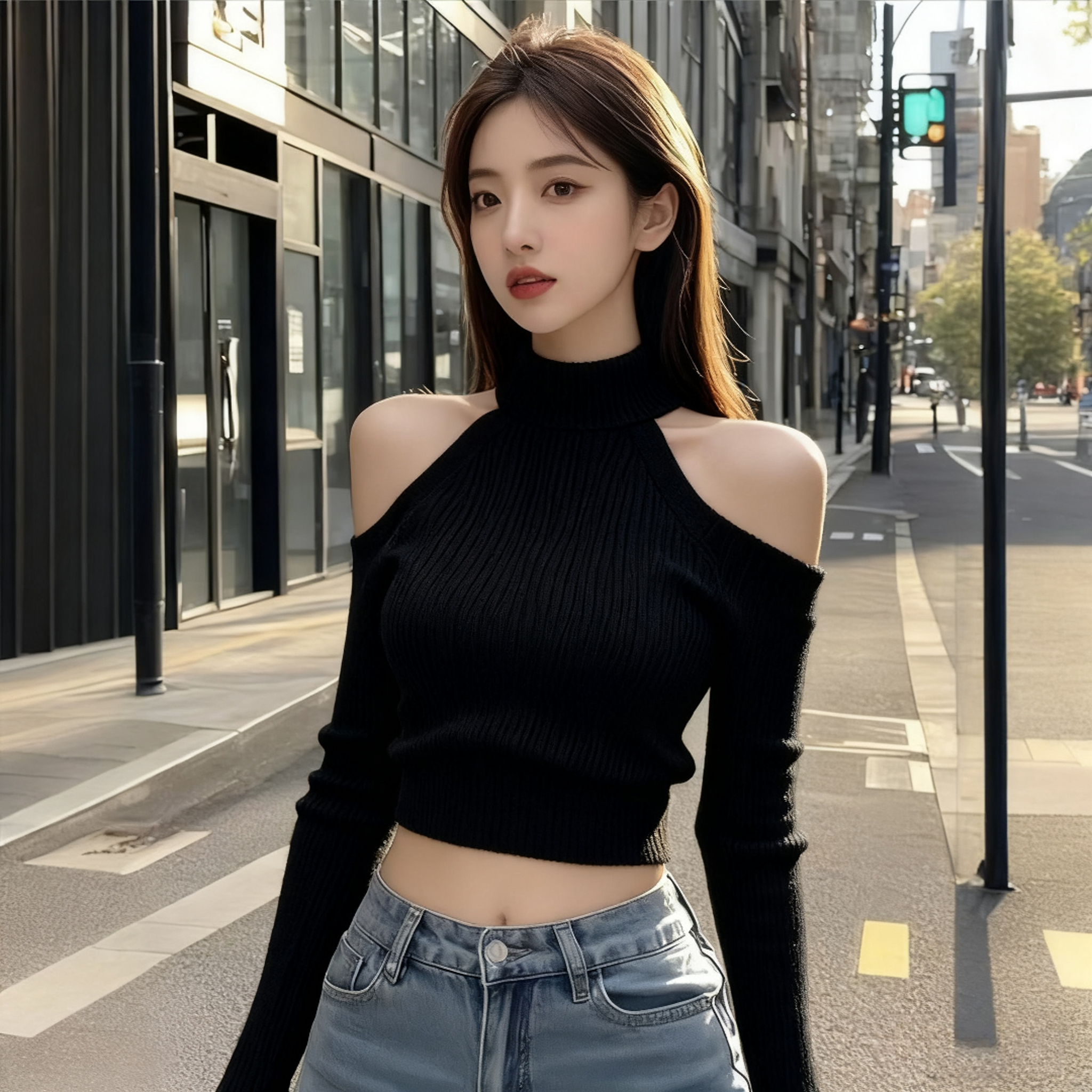 2025秋季新款挂脖露肩长袖针织衫短款打底毛衣修身显瘦设计感