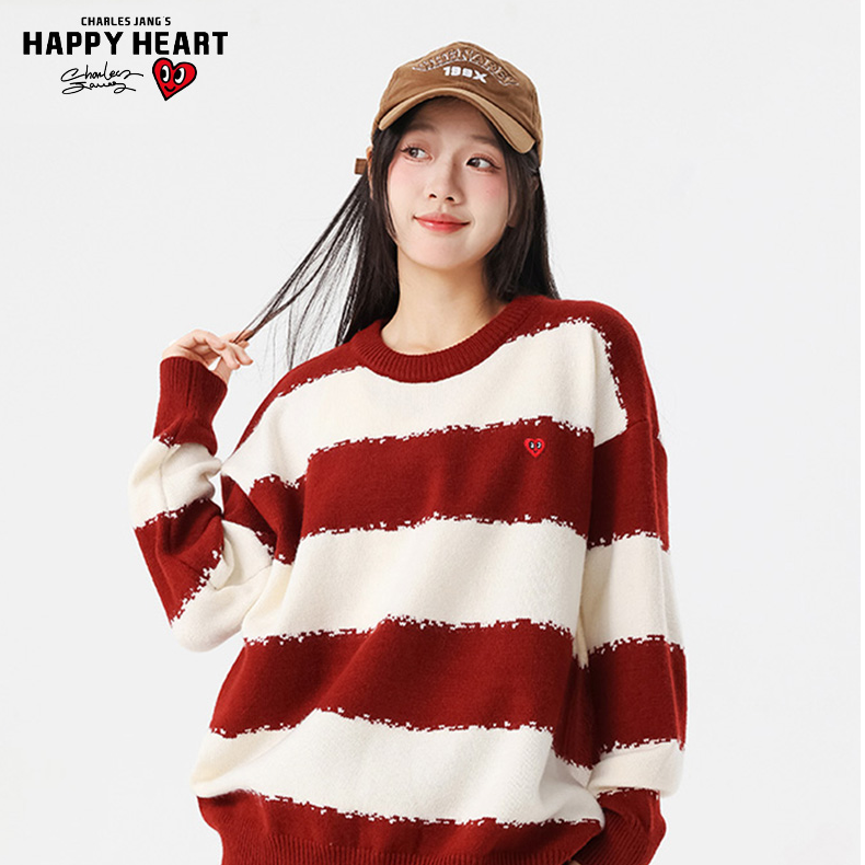 查尔斯桃心条纹打底毛衣韩潮情侣款宽松百搭休闲简约时尚毛衣