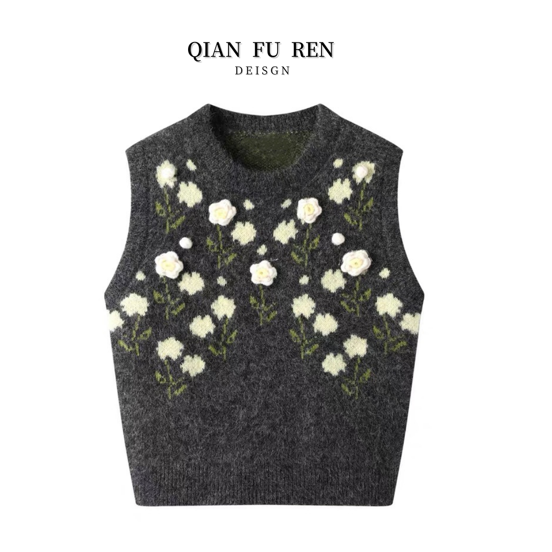 【运费补贴】韩系立体花朵针织衫马甲背心秋季软糯立体花瓣宽松加厚
