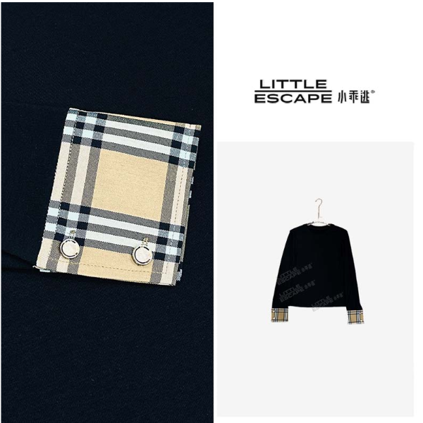 小乖逃休闲时尚黑色T恤打底格子袖巴家时尚休闲长袖T8027