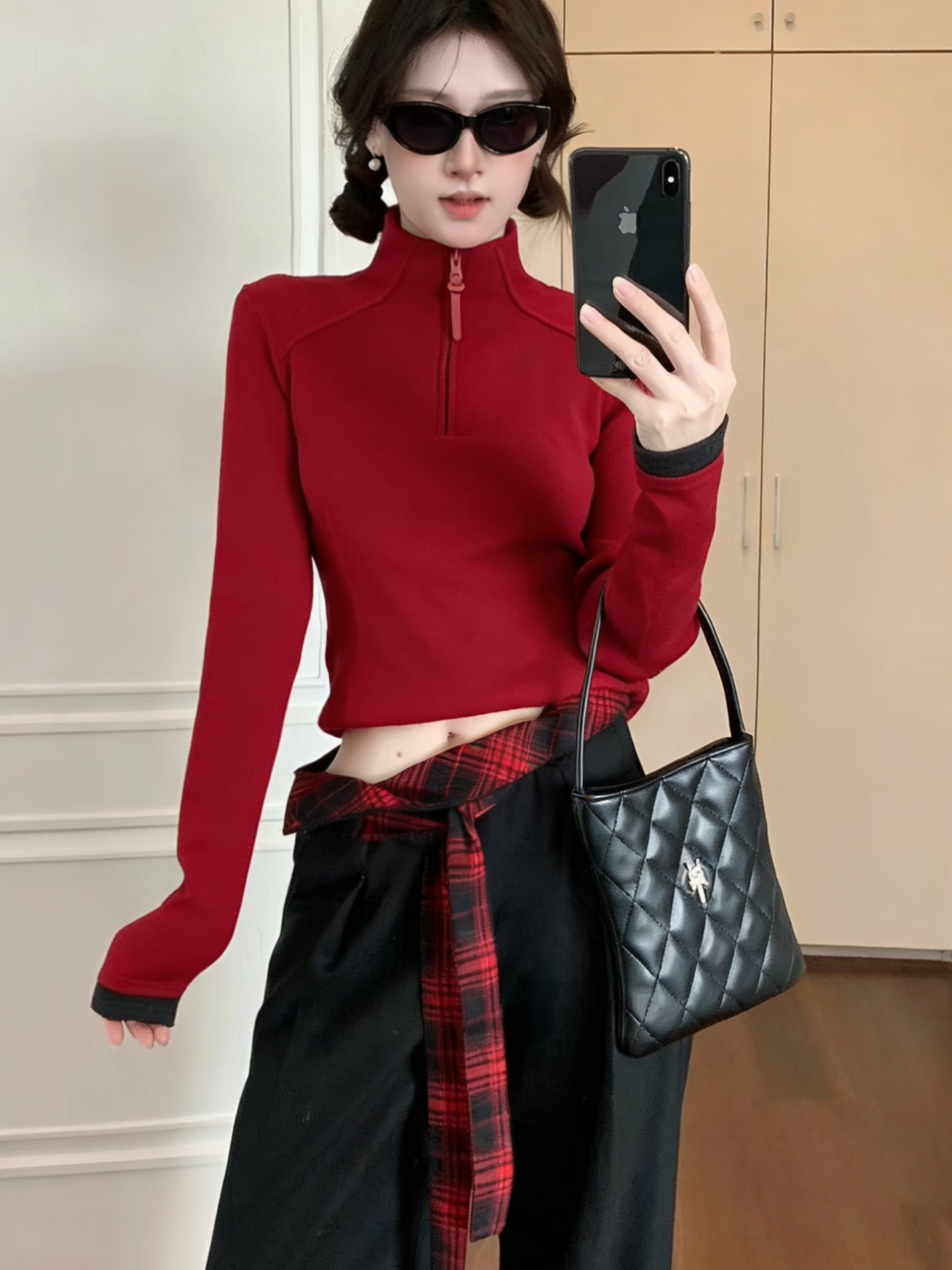 韩版红色正肩德绒打底衫女秋冬内搭长袖t恤修身半拉链立领上衣服