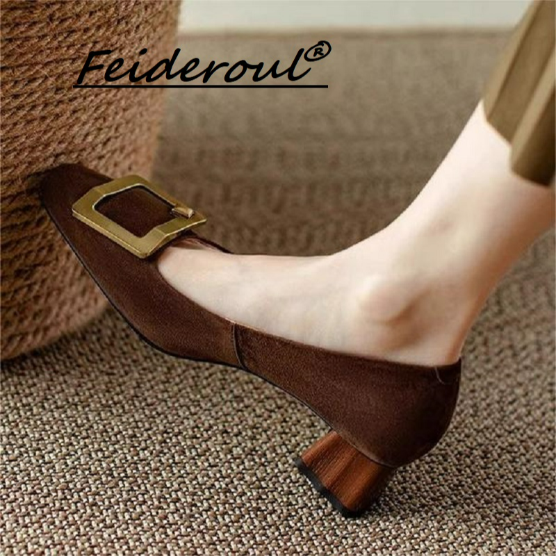 Feideroul法式复古方头浅口单鞋2025新款气质方扣真皮通勤高跟鞋