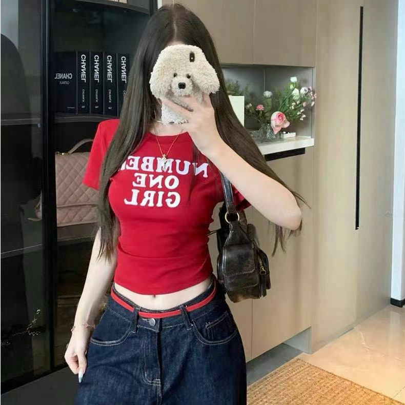 夏季甜美简约字母印花正肩显瘦短袖圆领T恤