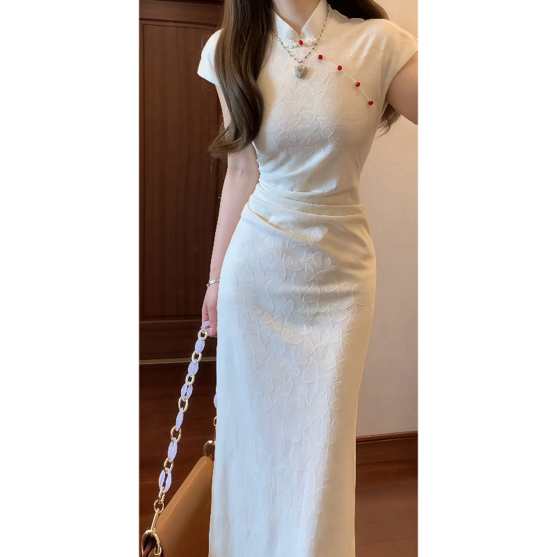 新中式国风蝴蝶提花改良旗袍连衣裙少女订婚收腰后开叉长裙9671