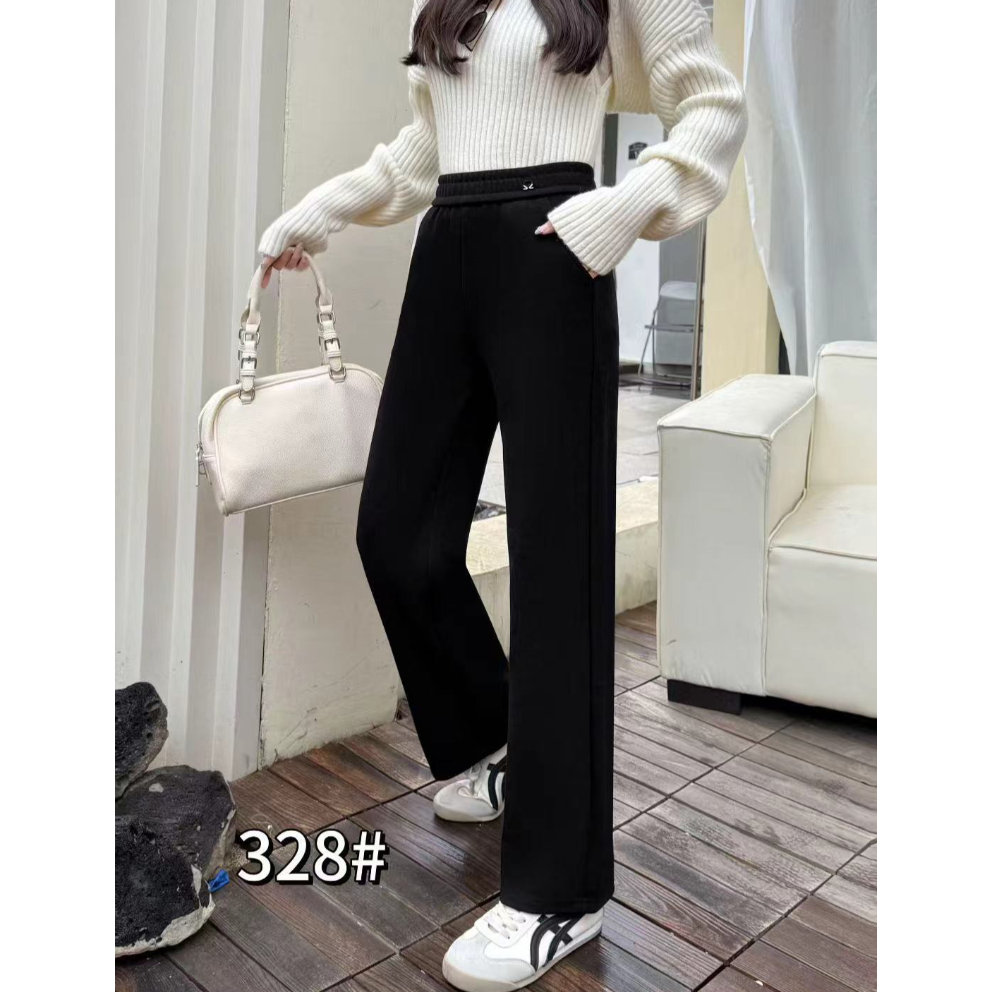 小施家老品牌时尚百搭松紧腰薄绒窄版直筒休闲裤328