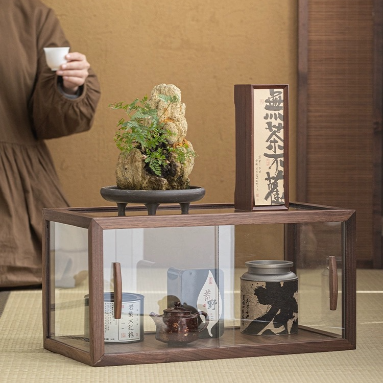 黑胡桃木茶壶收纳柜桌面玻璃防尘展示柜茶具置物架手办陈列柜子