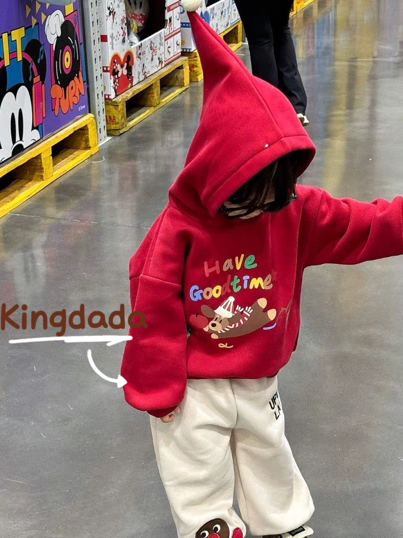 男女童套装加绒红色2025秋冬连帽卫衣过年裤子圣诞节