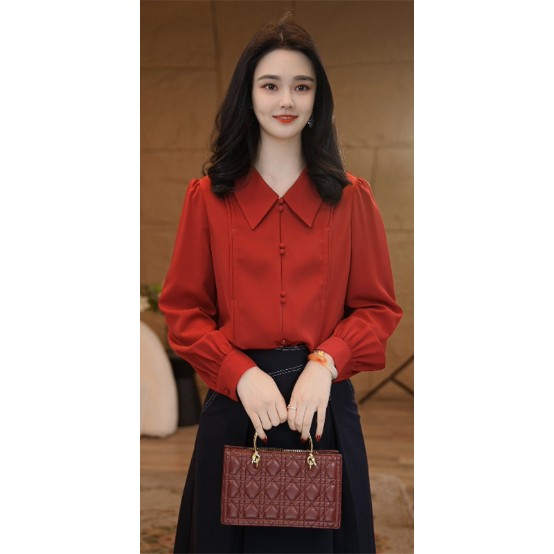 【小陈甄选】流光风红酒佳人8493252酒红色衬衫衬衣女士显瘦高级