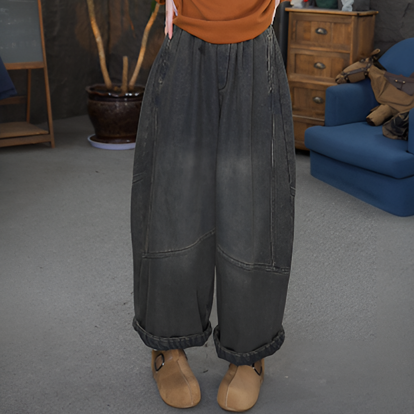 【加绒牛仔裤】水洗做旧无弹秋季女直筒裤牛仔裤文艺拼接背带裤宽松