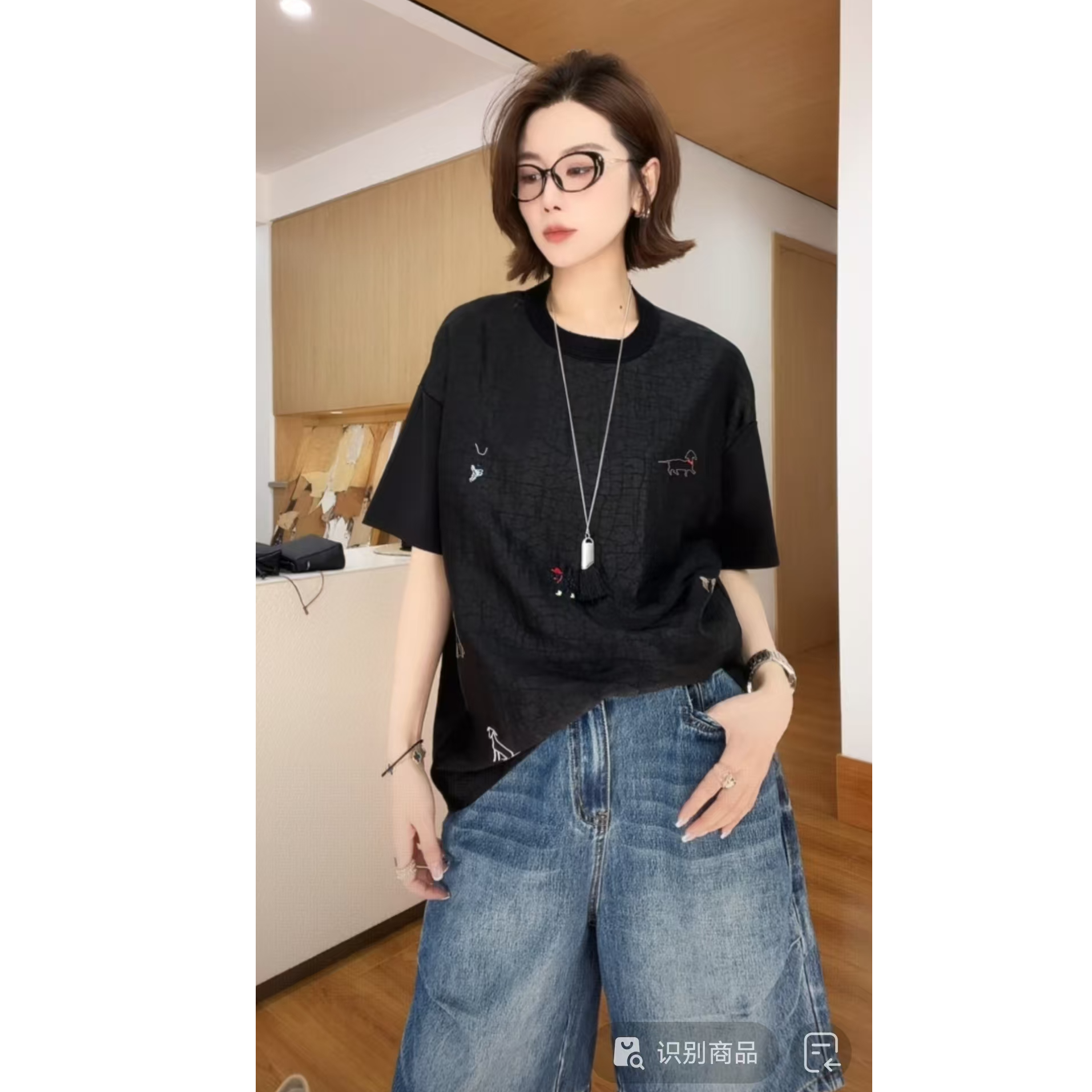 YYOUHAN 【线条小狗】老钱风龟裂纹拼接百搭夏季冰膜T恤 2506C3702