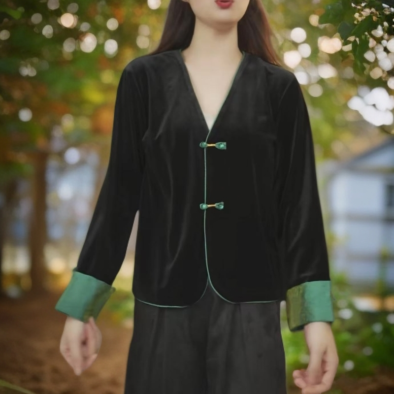 国风新中式长袖丝绒拼接V领秋装女款外套上衣2025新品原创正版发