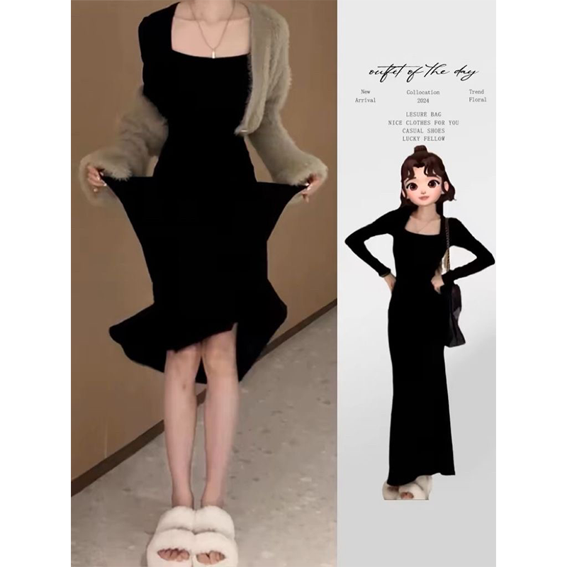 2025秋季新款法式收腰鱼尾裙女高级感小众时尚方领长袖连衣裙包臀