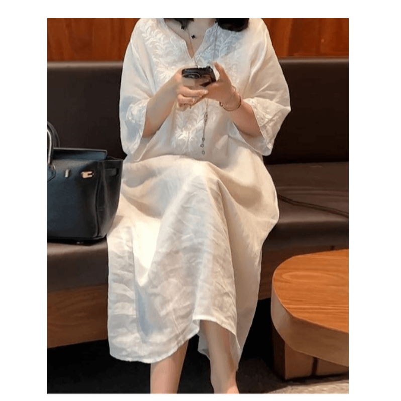 文艺风高级重工刺绣V领连衣裙女2025夏季宽松显瘦遮肉长裙A361