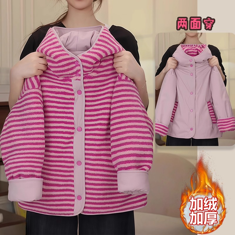 女童两面穿条纹毛毛衣外套2025新款秋冬款加厚羊羔毛连帽保暖棉服