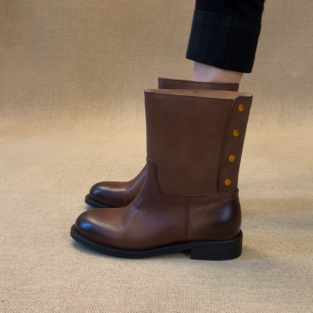 NNMISS·34-39/3cm高级感圆头擦色铆钉西部靴复古头层牛皮低跟短靴