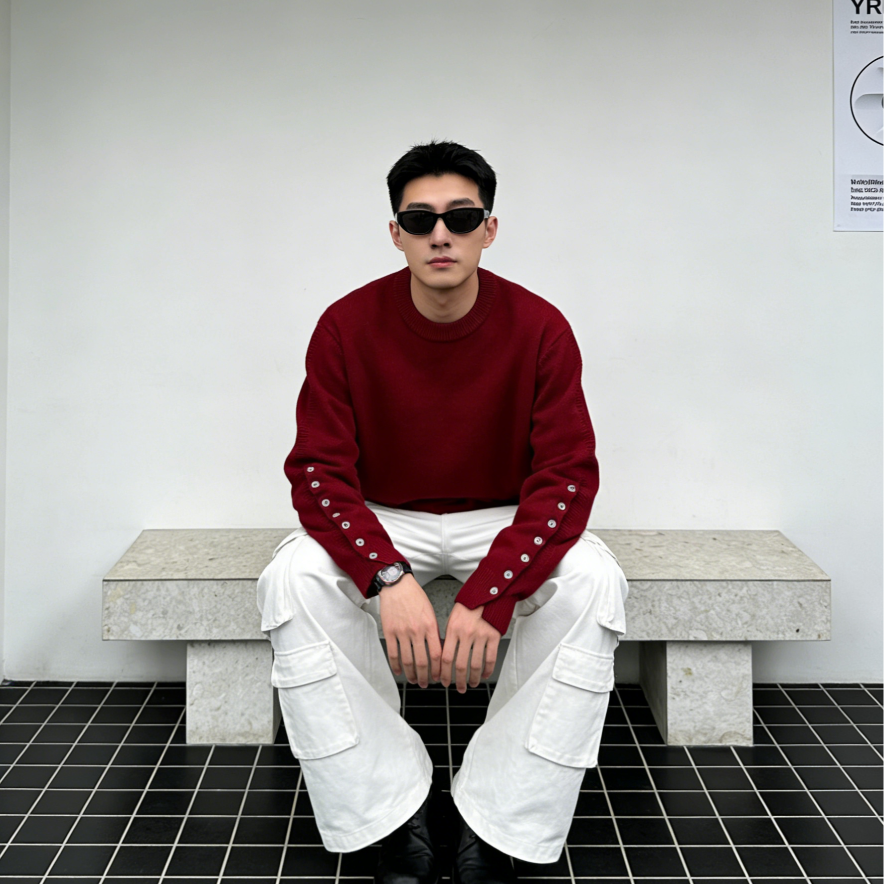 时尚潮牌红色毛衣高级感袖口小众纽扣设计针织衫冬季老钱风男装