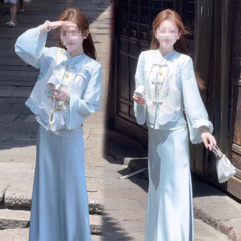 【蓝孔雀】新中式重工刺绣马甲衬衫三件套装早秋新款气质女装