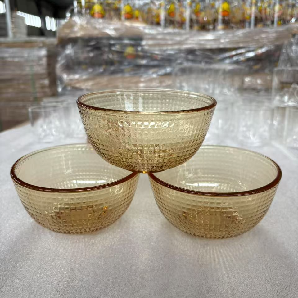 四只装450ml琥珀原色高硼硅玻璃浮雕星钻米饭碗耐高温