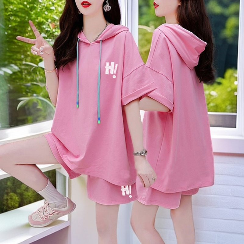 胖mm大码连帽短袖短裤运动套装女夏季2025新款韩版网红纯棉两件套