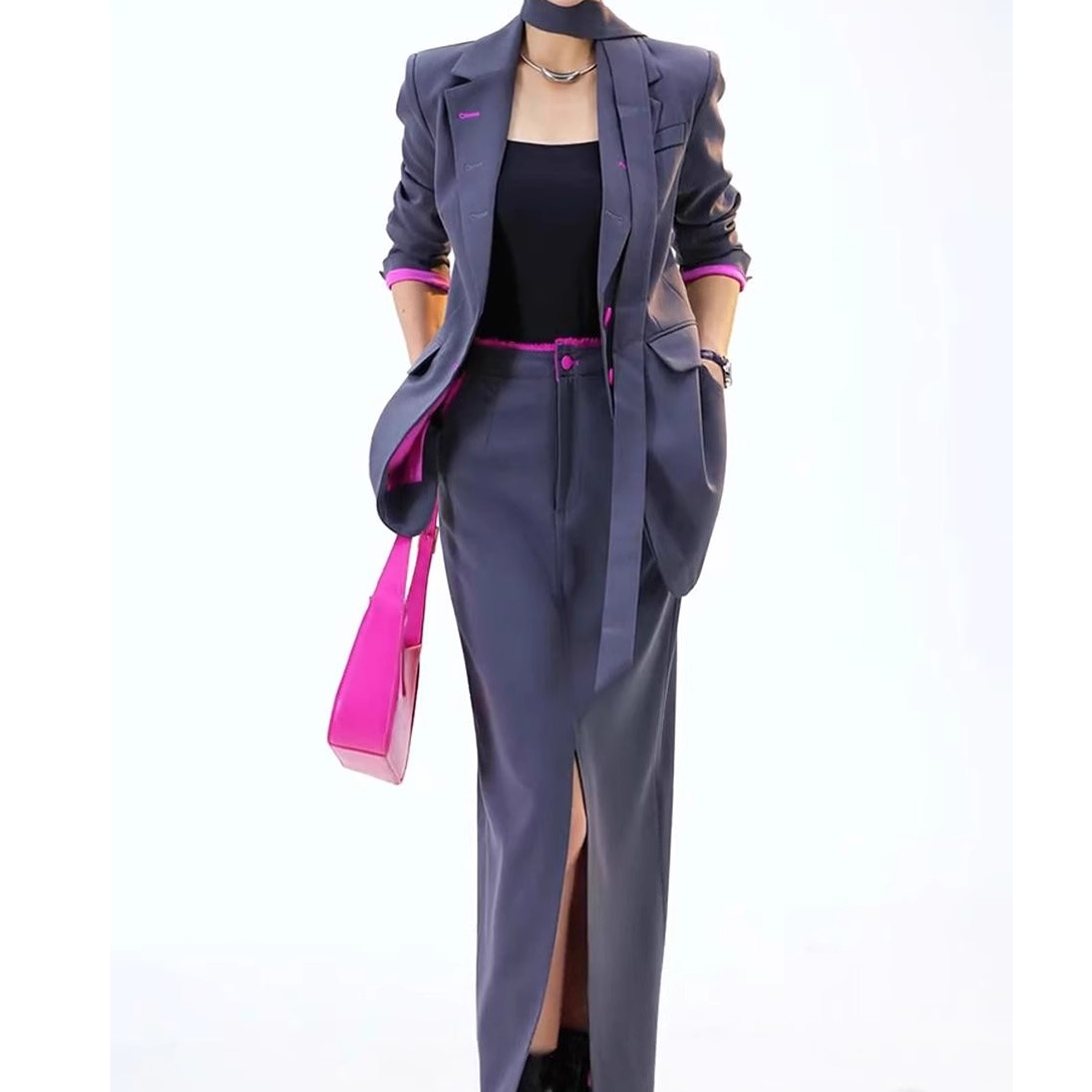 2025新款休闲风韩版法式时尚服装休闲上衣女神气质开衩裙两件套