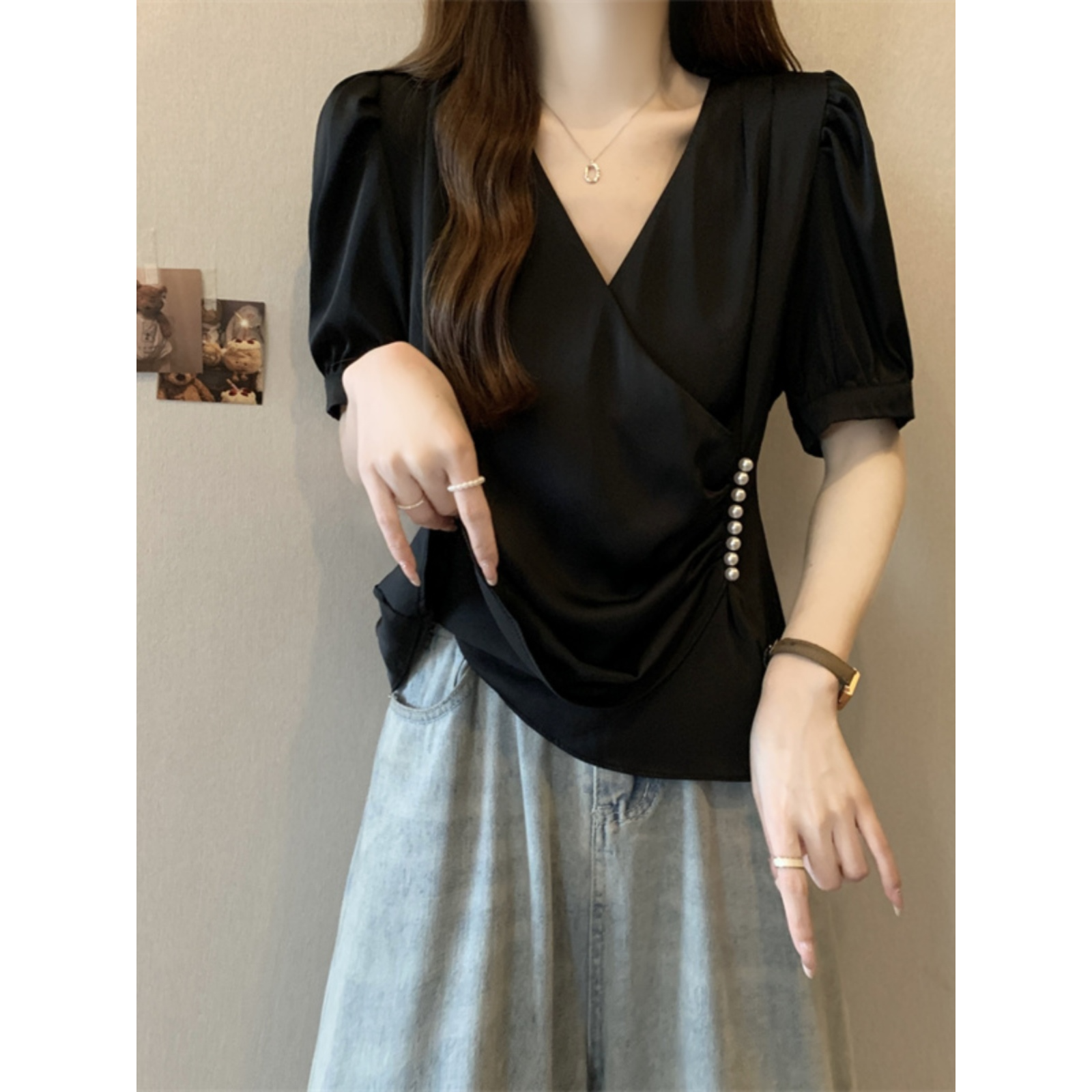 大码女装遮肚子别致交叉V领短袖衬衫胖MM正肩减龄收腰显瘦上衣女