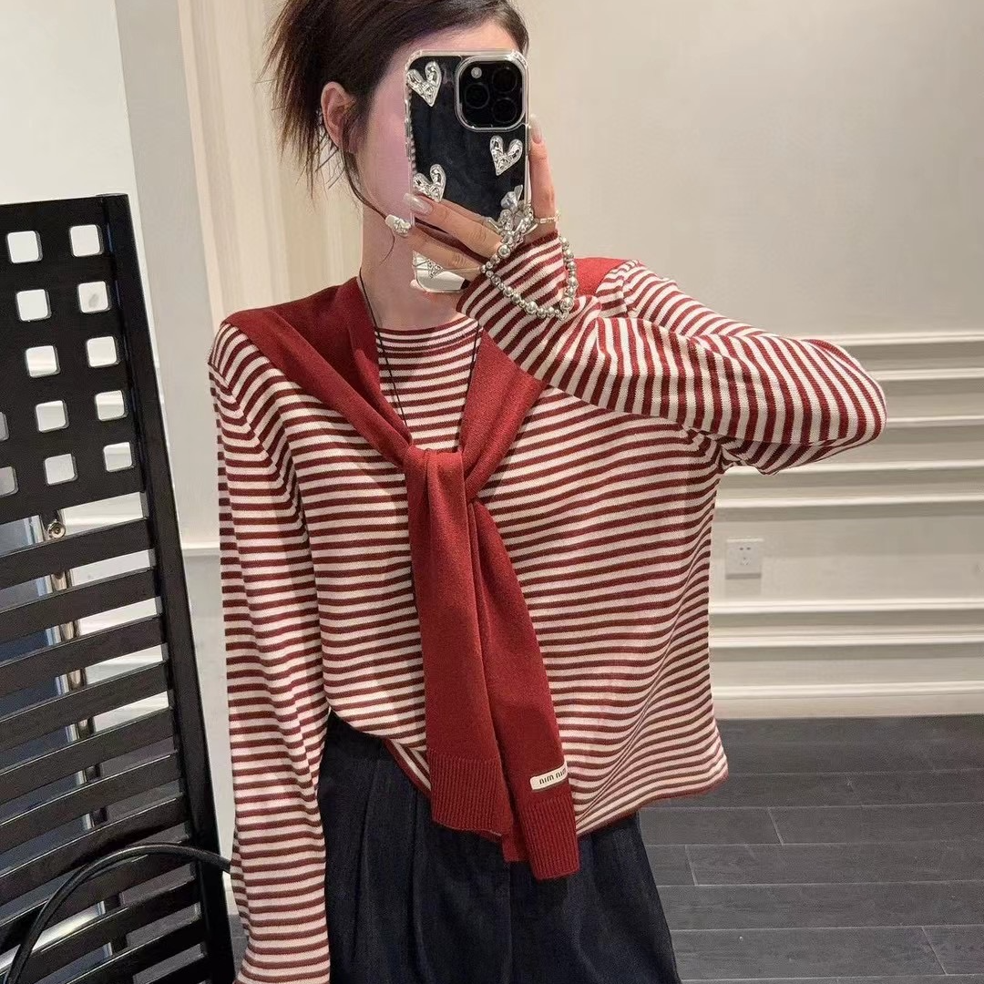 2025秋季新款韩版时尚百搭披肩+条纹针织衫真两件女宽松长袖622