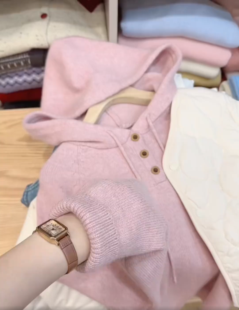 2025秋季新款粉色连帽长袖卫衣女宽松显瘦慵懒风软糯通勤百搭上衣