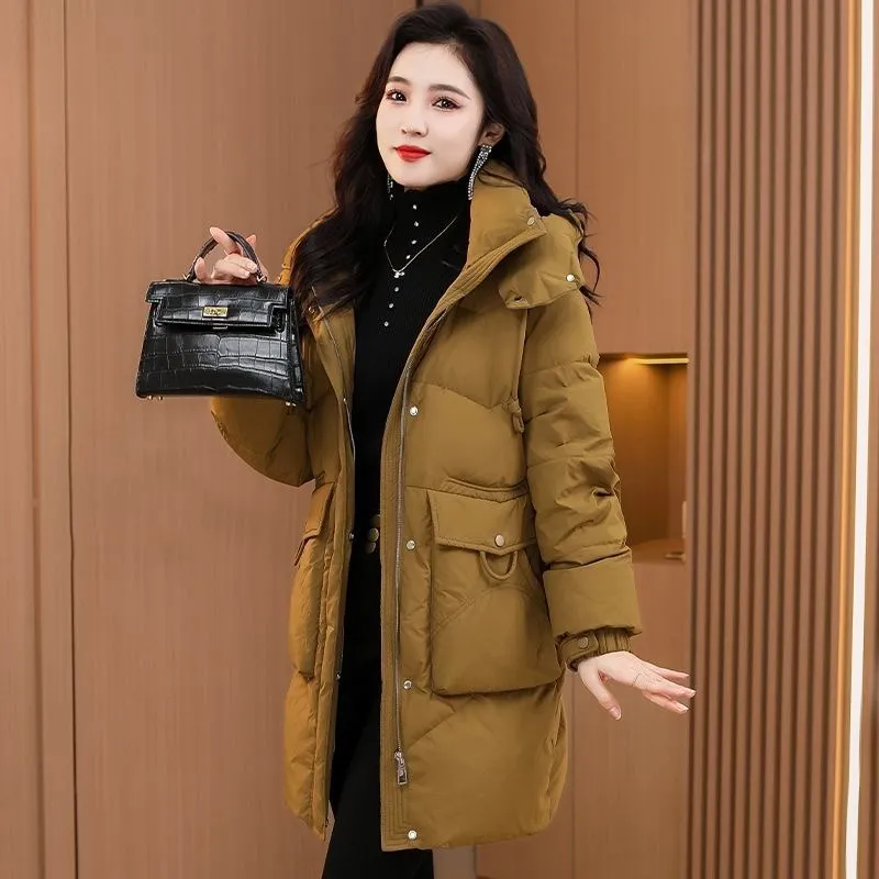 棉服女中长款2025新款韩版宽松时尚棉衣冬季加厚保暖棉袄连帽外套