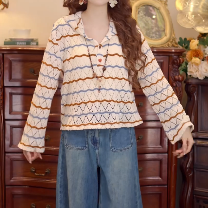 【波光映彩】韩系新款复古条纹连帽百搭休闲针织上衣LK2506011