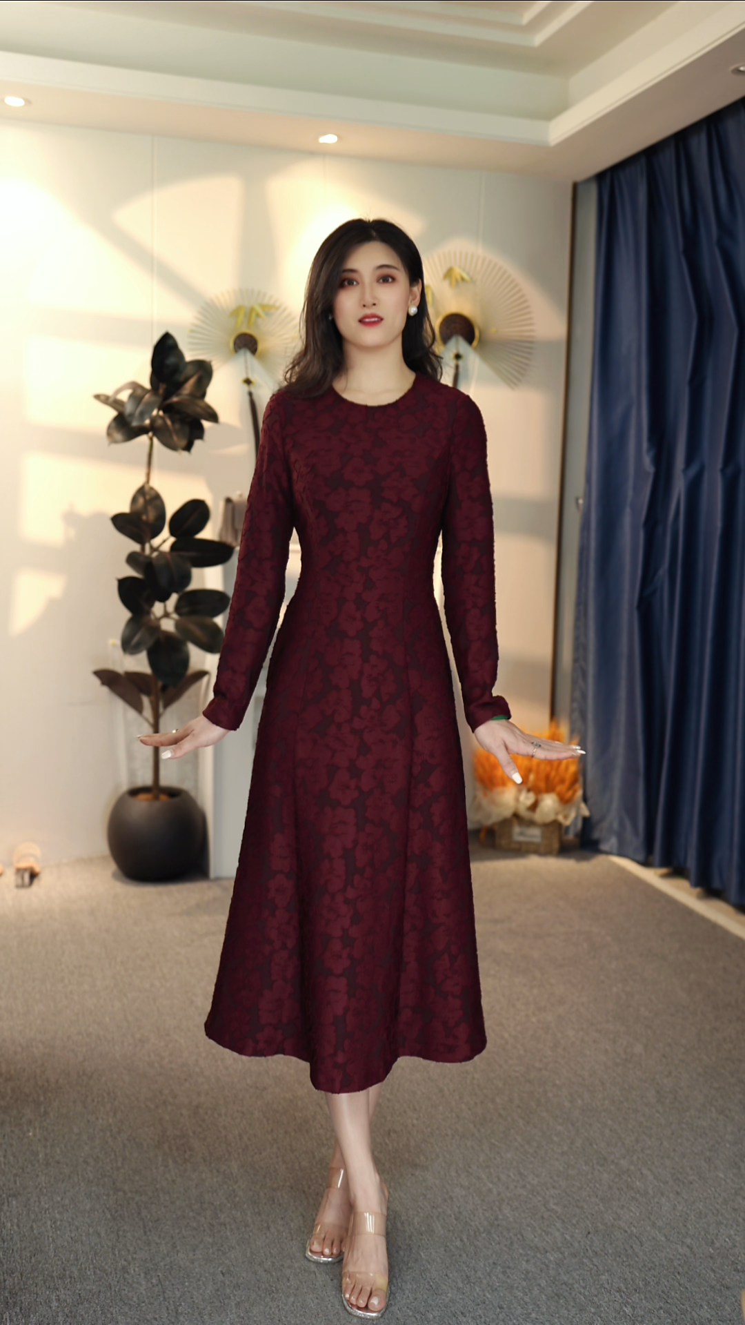 秋冬提花显瘦高腰连衣裙气质时尚优雅修身中长款9036