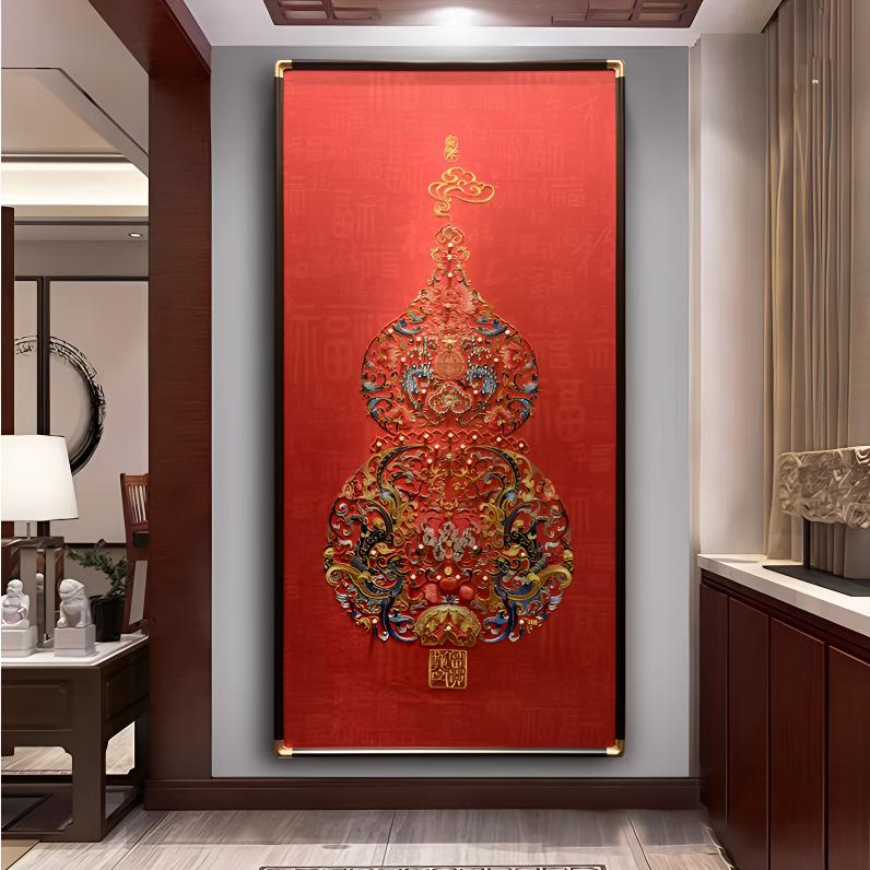 手工钉珠高端刺绣新中式葫芦玄关装饰画走廊壁画喜庆寓意好
