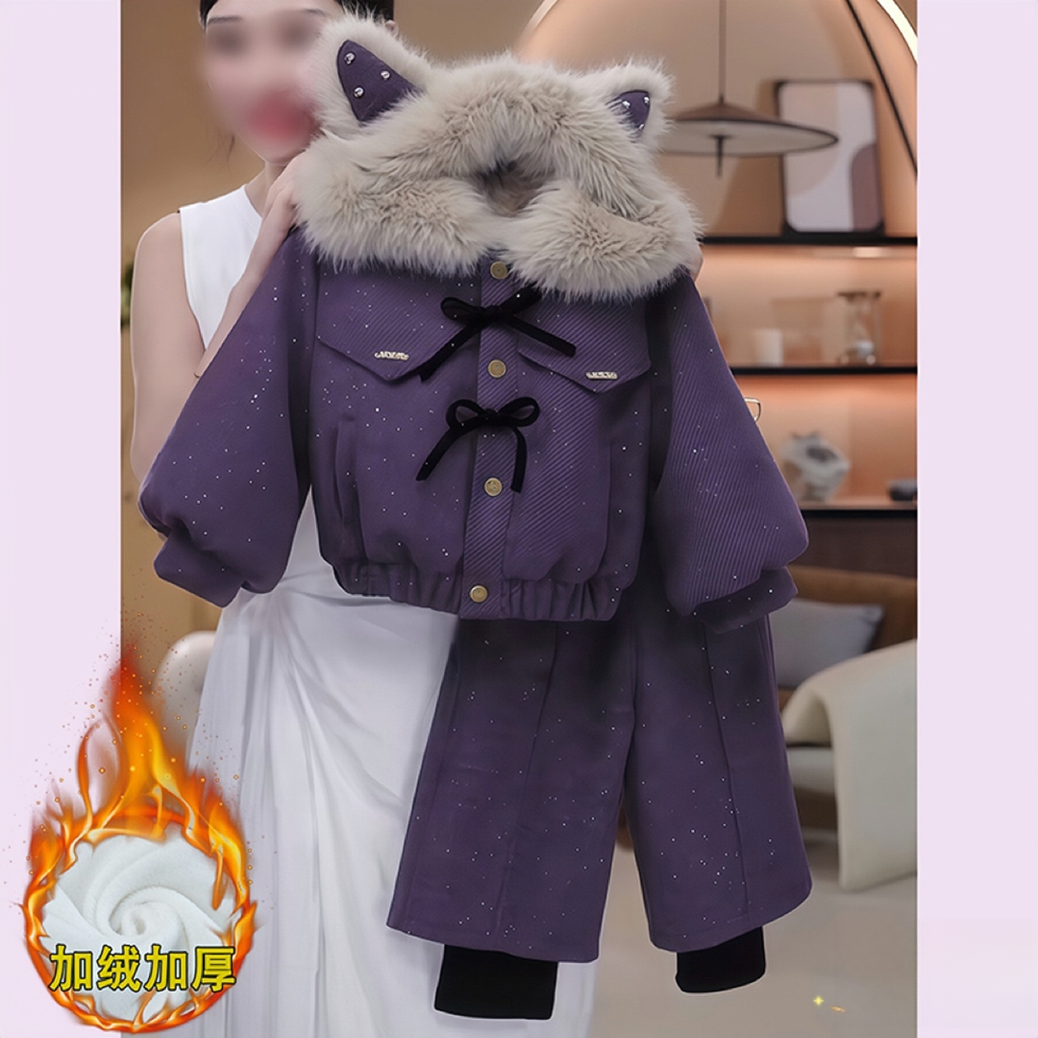 女童加绒猫耳毛呢外套阔腿裤套装冬装2025新款一体绒毛领大衣可爱