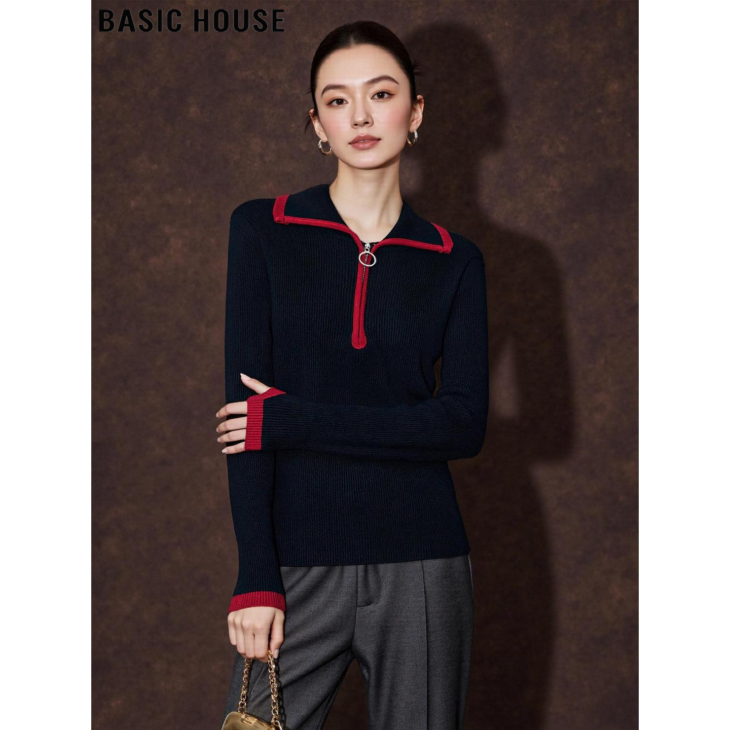 Basic House/百家好黑色半拉链翻领针织衫女2026秋冬修身加厚毛衣
