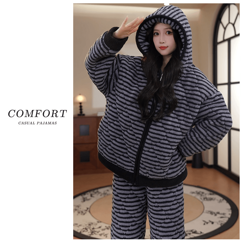 三层夹棉加厚睡衣女款秋冬连帽条纹湖南省省服珊瑚绒家居服可外穿