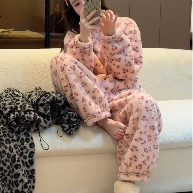 豹纹半高领花边拼接加厚加绒家居服女套装2025冬季新款时尚两件套