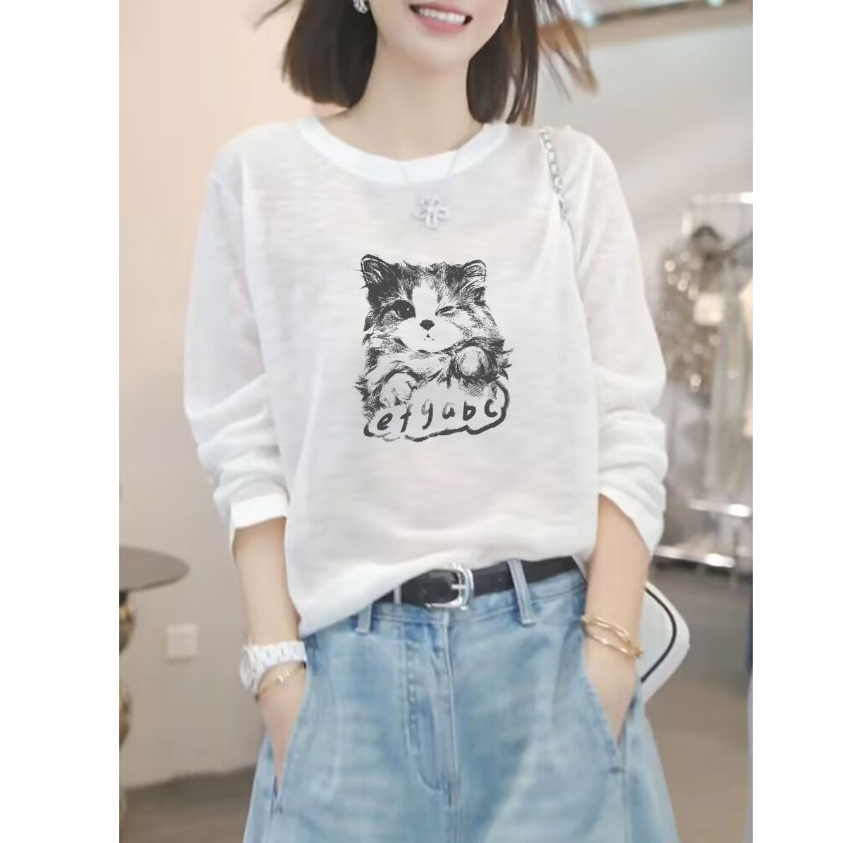 白色松弛感圆领雪花棉棉麻休闲长袖T恤女春秋冬内搭上衣打底衫潮